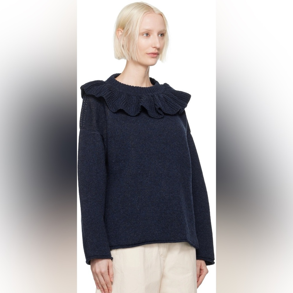 Cawley Studio Wool Ruffle Sweater, Navy, Size Small, New